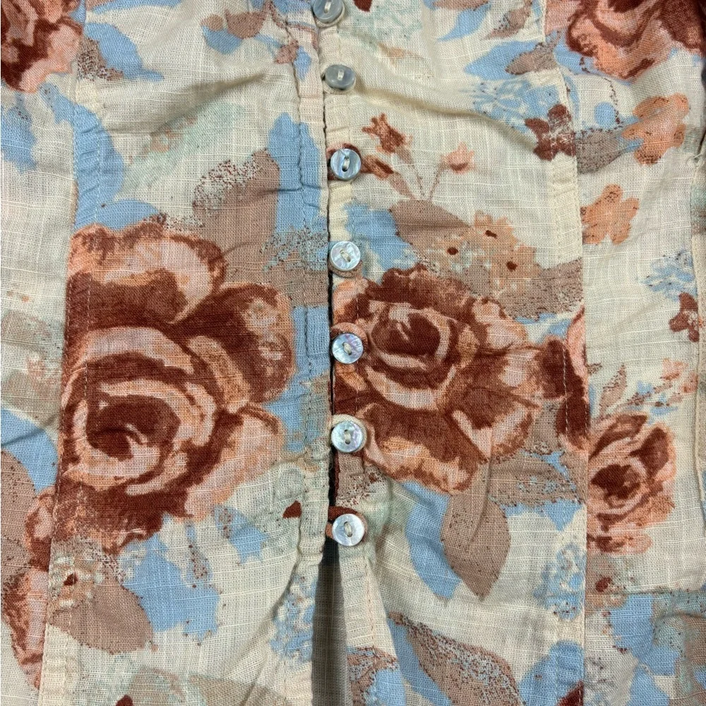 Free People I Found You Printed Top Boho Floral Puff Sleeve Blouse Cream size xs